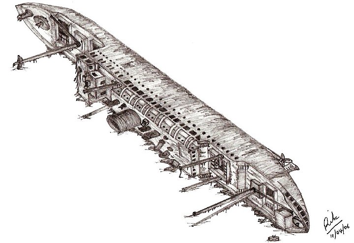 heian maru.jpg - Sketch of the Hein Maru as she rests on the seabed